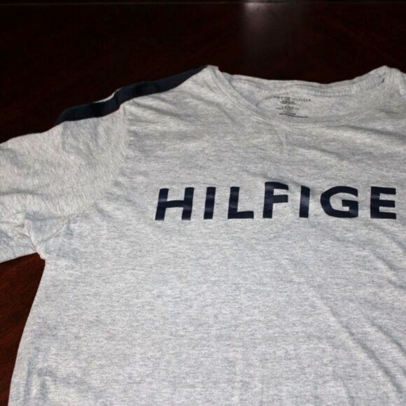 Tommy Hilfiger Gray Logo Tee w/ Black Shoulder Stripes | Designer Casual | L - Picture 3 of 5